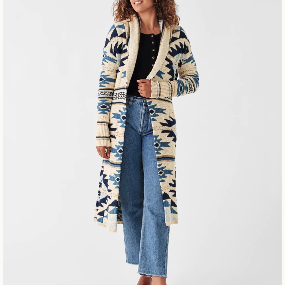 Faherty Cream & Navy Aztec Long Cardigan